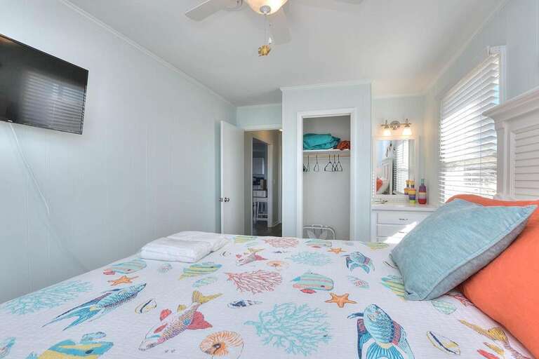 Pink and Blue Fish Queen Bedroom with Closet