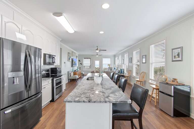 Kitchen fridge and island