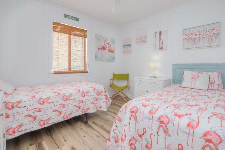Flamingo-themed Twin Beds, Framed Art, Wooden Floor
