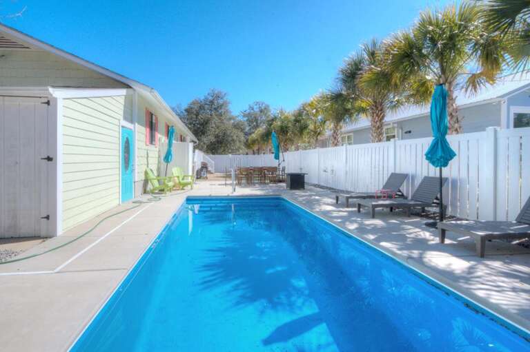 Poolside Paradise, Palm-lined Path, Sunlit Serenity