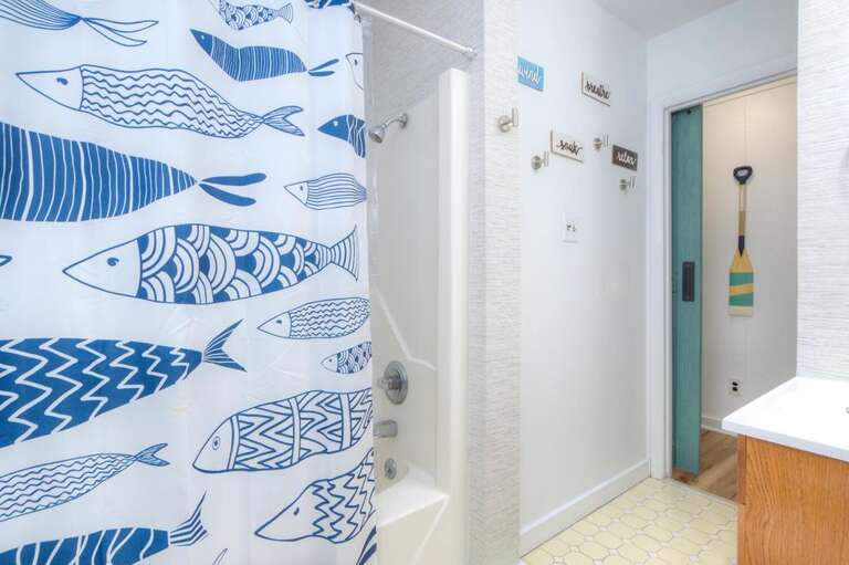 Blue Fish Shower Curtain, White Walls, Paddle Decoration
