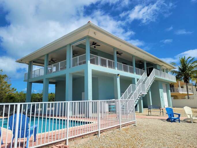Two-story Blue Building With Pool And Palm Trees Under Clear Sky