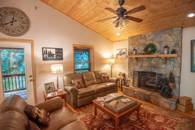 Cozy leather couches and gas fireplace...