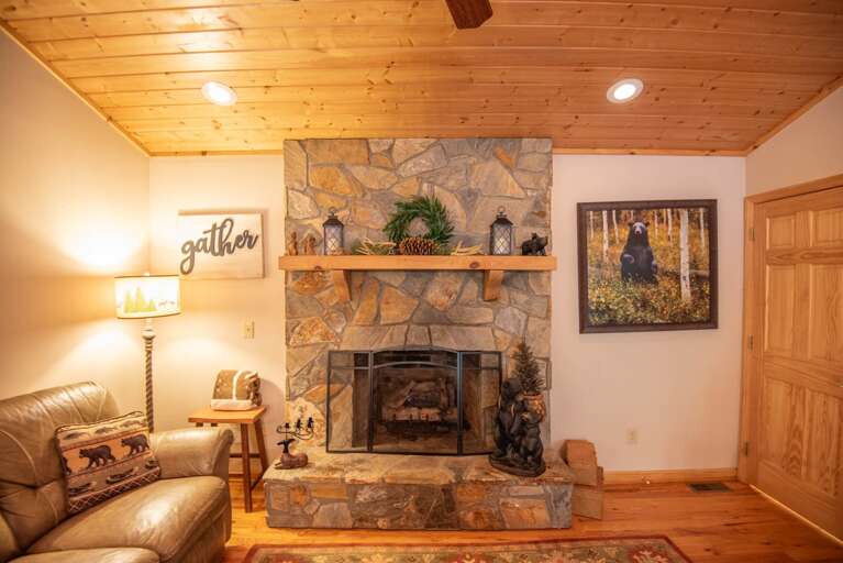 Stone-stacked fireplace...