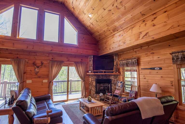 Log cabin feel with no drywall in the great room...