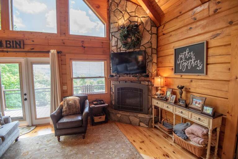 with a TV &, of course, a fireplace...