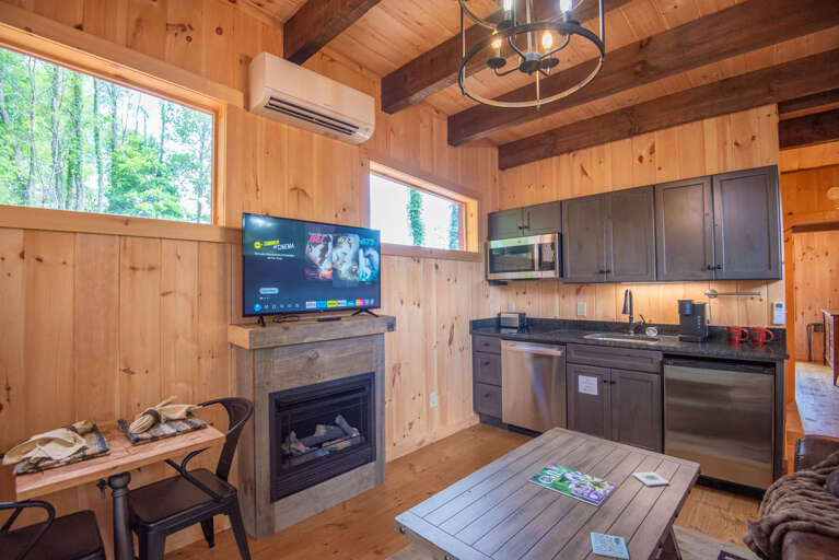 Fireplace, big screen TV, tongue & groove ceilings...