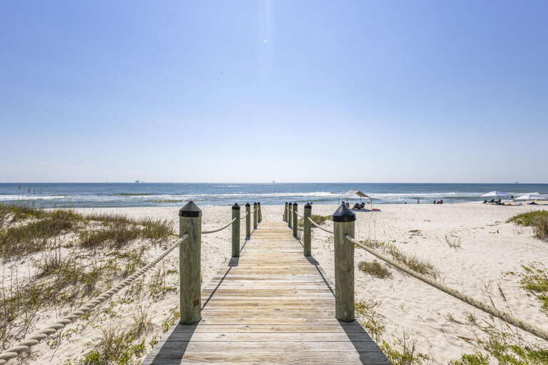Wooden Walkway Weaving Through White Sand To Water