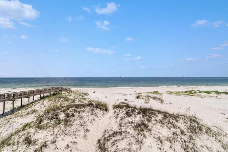 Sandy Shore Stretching Toward Shimmering Sea, Wooden Walkway Winds Through Wild Dunes