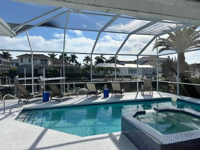 Poolside Paradise, Palm Tree And Patio, Sunlit Scene